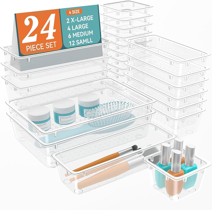 24 PCS Drawer Organizer Set, 4 Sizes Tool Storage Trays, Clear Plastic Makeup Vanity Organizer an... | Amazon (US)