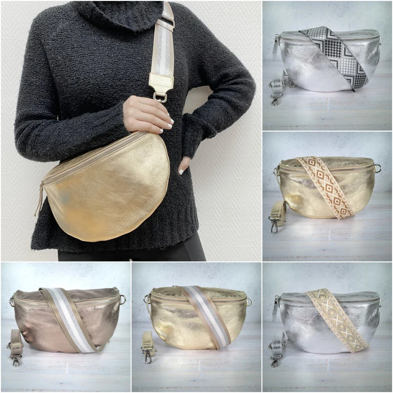 Metallic Bronze Leather Bum Bag Women, Glitter Silver Fanny Pack, Shiny Gold Crossbody Bag, Belly... | Etsy (US)