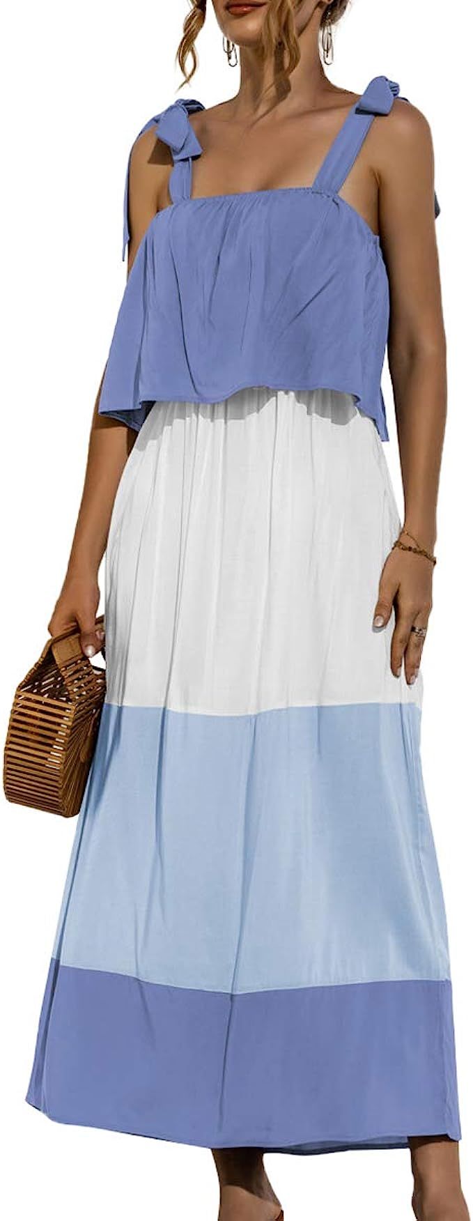 Enafad Womens Tiered Summer Dress Flowy Tie Shoulder Maxi Tank Dress Sleeveless Color Block Ruffl... | Amazon (US)