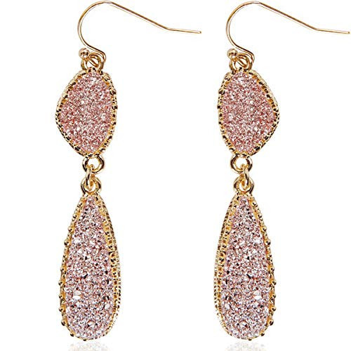 Rose Gold Tone Earrings for Women - Rose Gold Tone Dangling Earrings for Women, Simulated Druzy Long Double Teardrop Dangles, Dressy Sparkly Hanging Dangles, Elegant Dangly Drops for Formal or Wedding | Amazon (US)