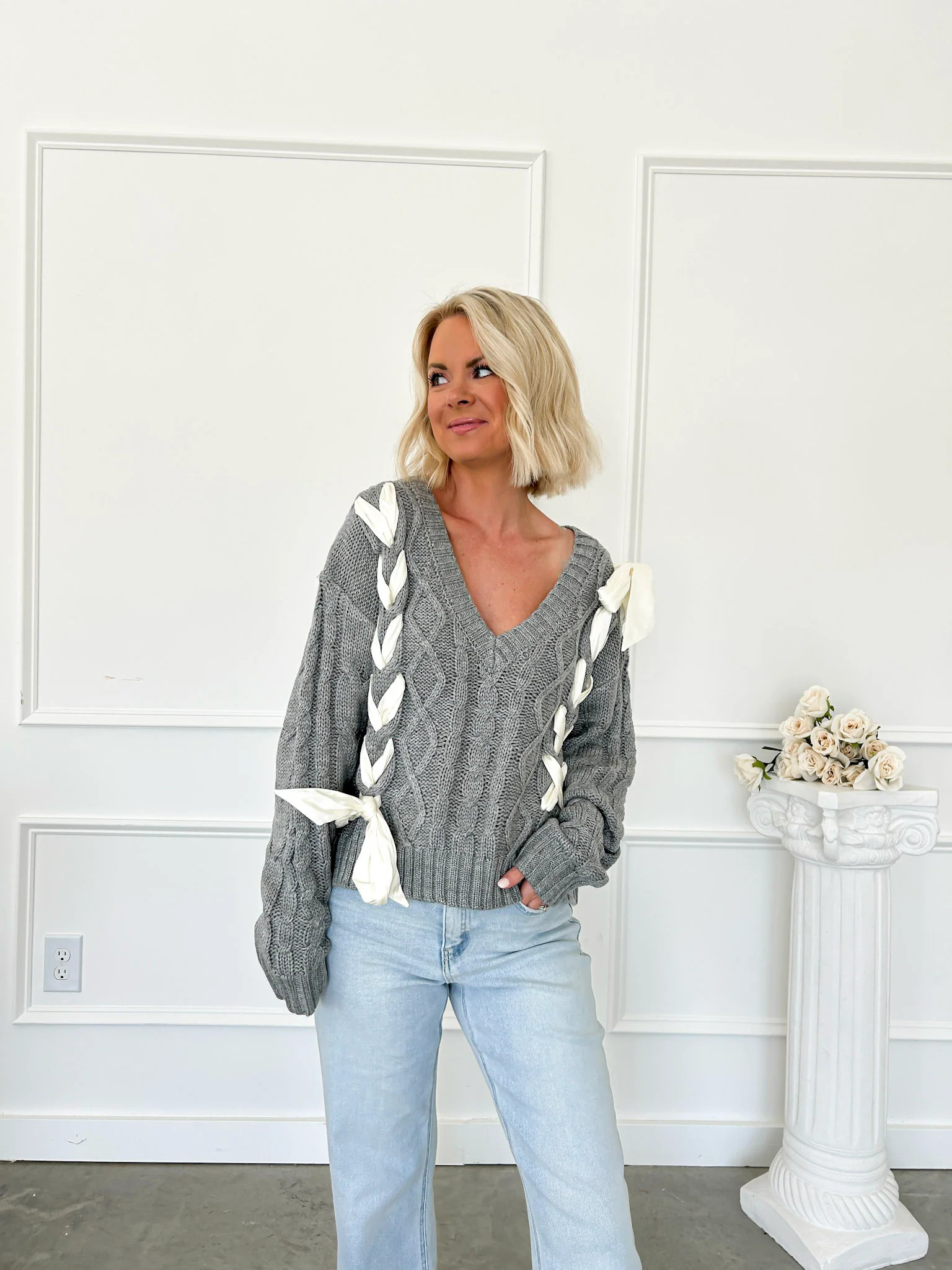 As Good As It Gets Gray Cable Knit Bow Sweater Small | Flourish in Frills