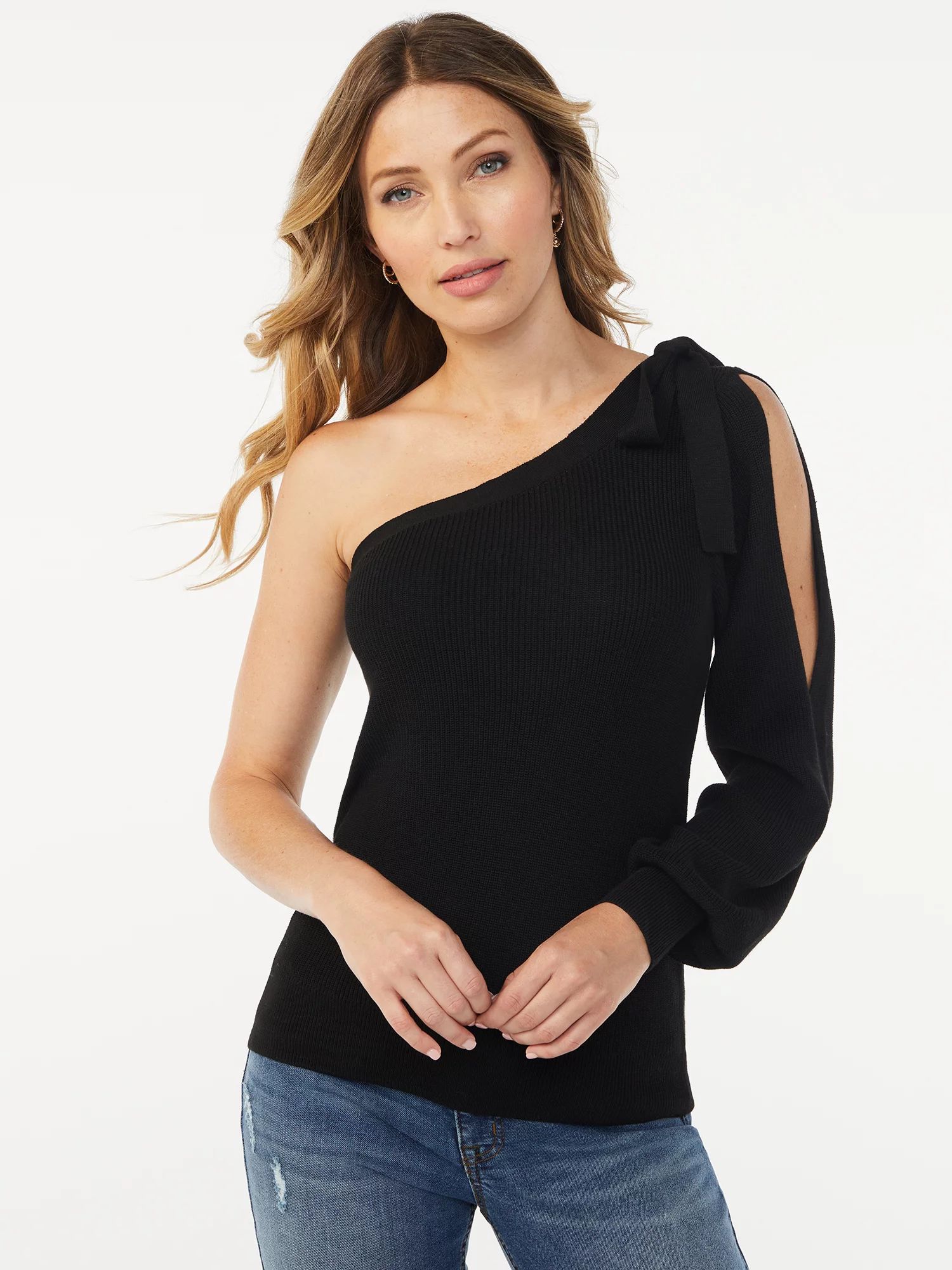Sofia Jeans by Sofia Vergara One-Shoulder Pullover Sweater With Tie Detail | Walmart (US)