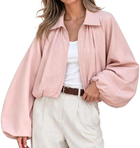 Womens Oversized Bomber Jackets Puff Sleeve Pleated Cropped Coats | Lapel Collar, Zip Up, Batwing... | Amazon (US)