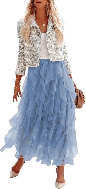 miduo Womens Fashion Casual High Waist Elastic Waist Tutu Ruffle Tiered Tulle Midi Skirts A Line ... | Amazon (US)