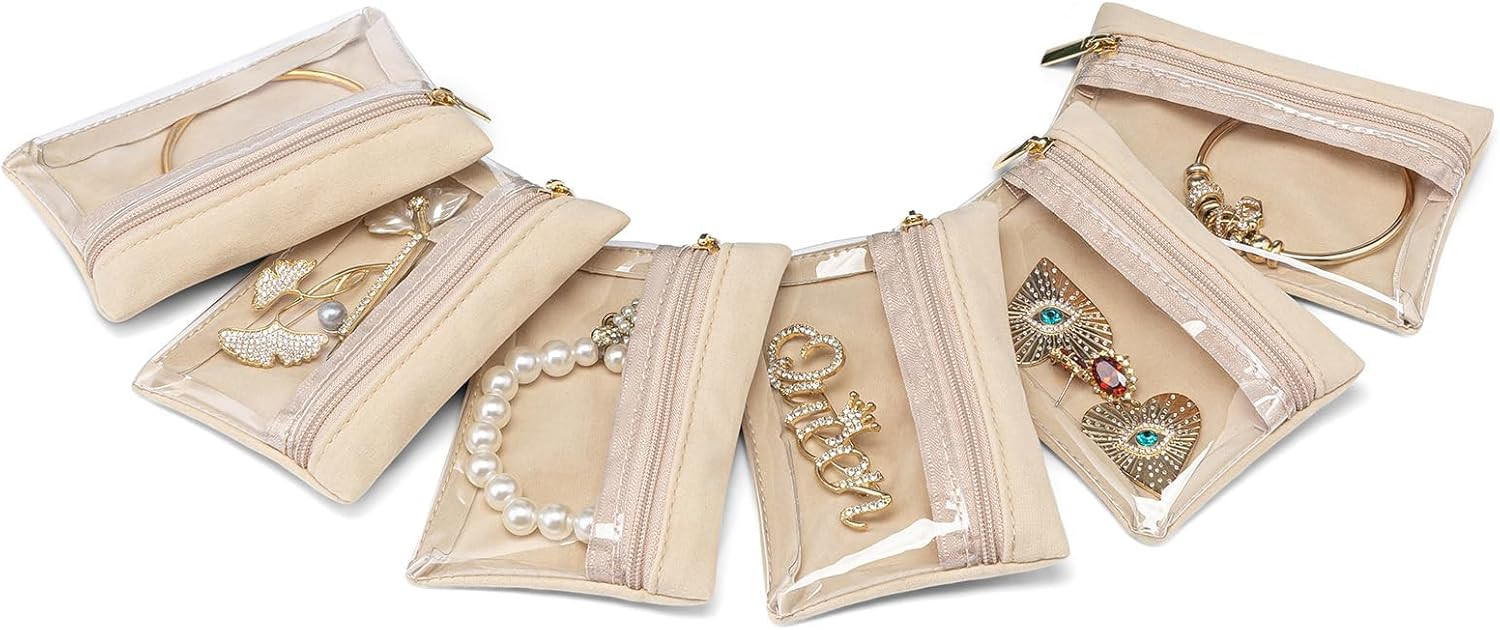 Vlando Travel Jewelry Bags,Jewelry Pouch Bag, Clear velvet zipper pockets Storage Bag Organizer C... | Amazon (US)