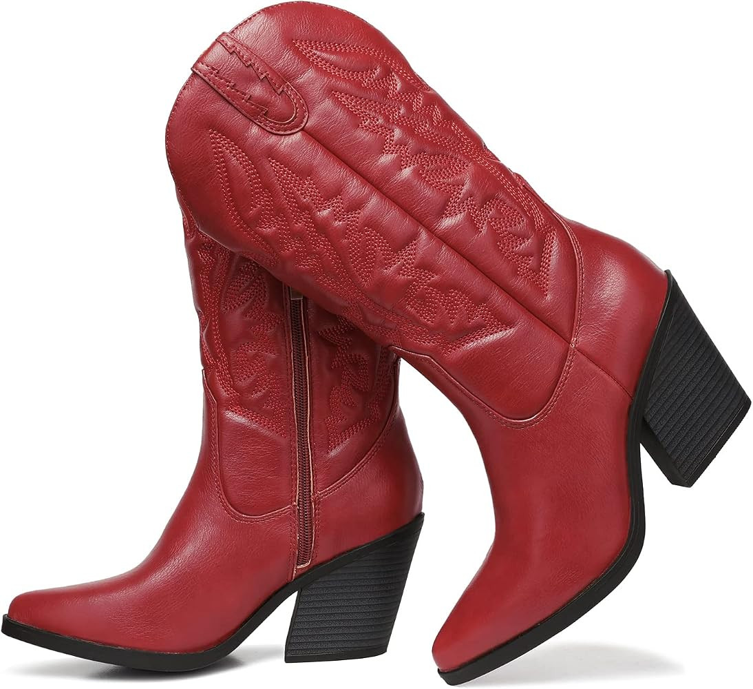 SHIBEVER Cowgirl Boots for Womens Western: Cowboy Pointy Toe Chunky Heel Embroidered Mid Calf Boo... | Amazon (US)