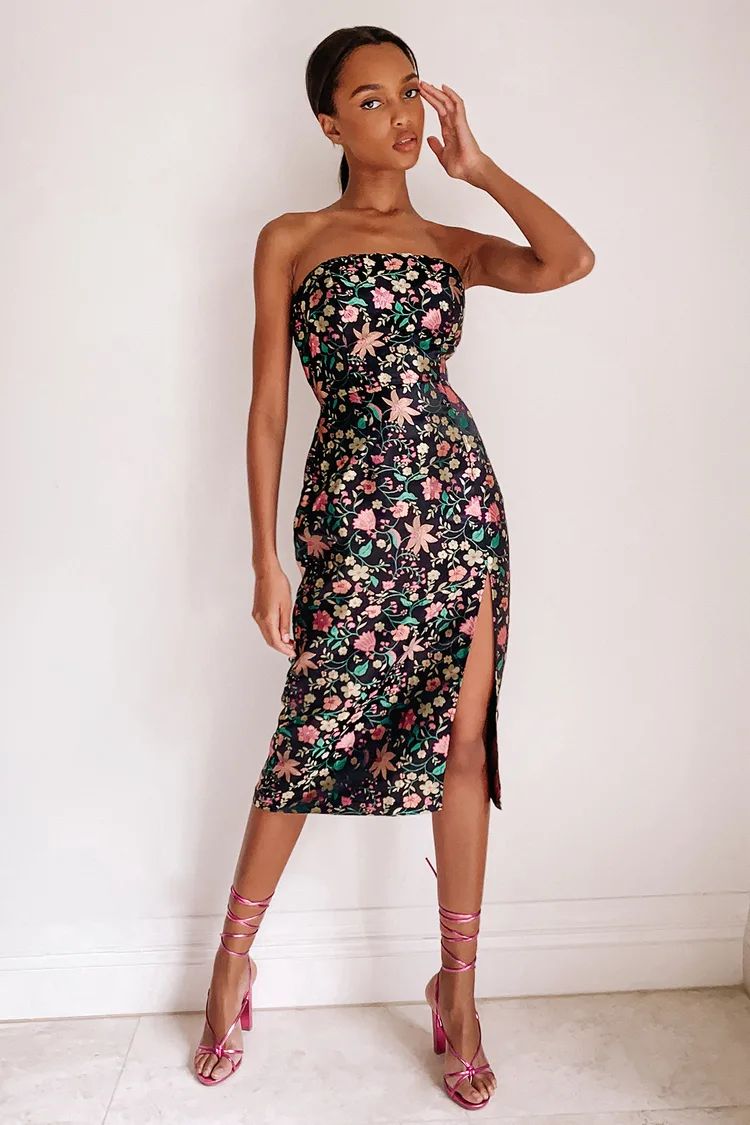 Make a Move Black Satin Floral Jacquard Strapless Midi Dress | Lulus (US)