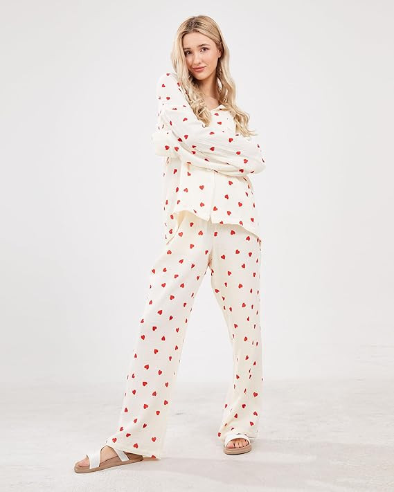 Womens Pajama Sets Cotton Pj Set Cute Heart Print Long Sleeve Button Down Shirt With Long Pants | Amazon (US)