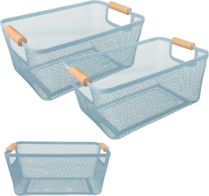 2Pack Metal Mesh Steel Basket with Bamboo Handle - Wire Metal Basket for Kitchen Organization, 12... | Amazon (US)