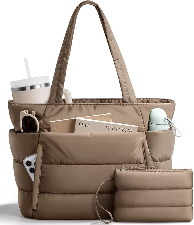 Puffer Tote Bag for Women, Lightweight Puffy Work Handbag Teacher Nurse Quilted Shoulder Bag for ... | Amazon (US)