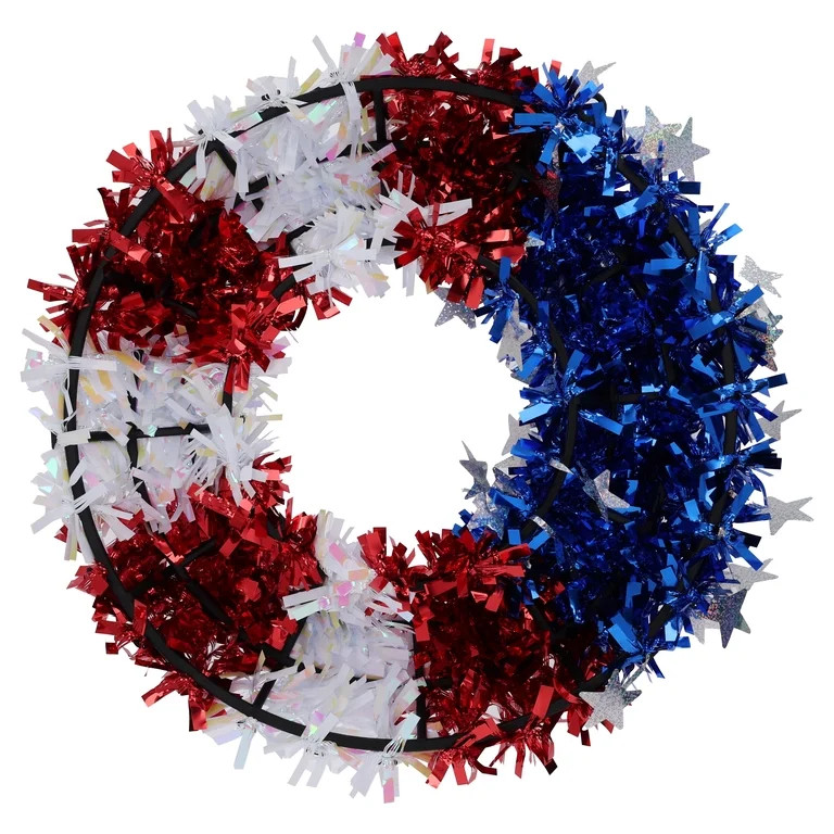 Stars and Stripes Tinsel Wreath, Red/White/Blue, 16", Patriotic by Way To Celebrate - Walmart.com | Walmart (US)