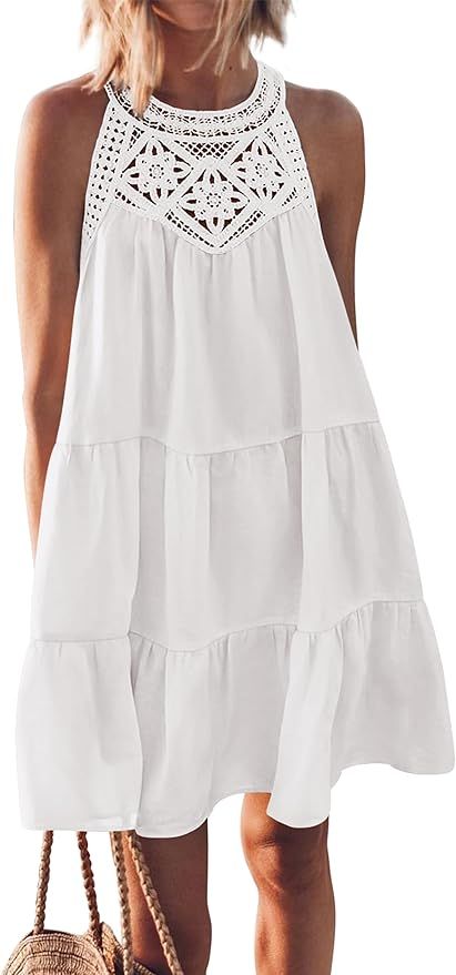 MASCOMODA Women's Summer Hollow Out Halter Sleeeveless Mini Dress Casual Ruffle Tiered A Line Coc... | Amazon (US)