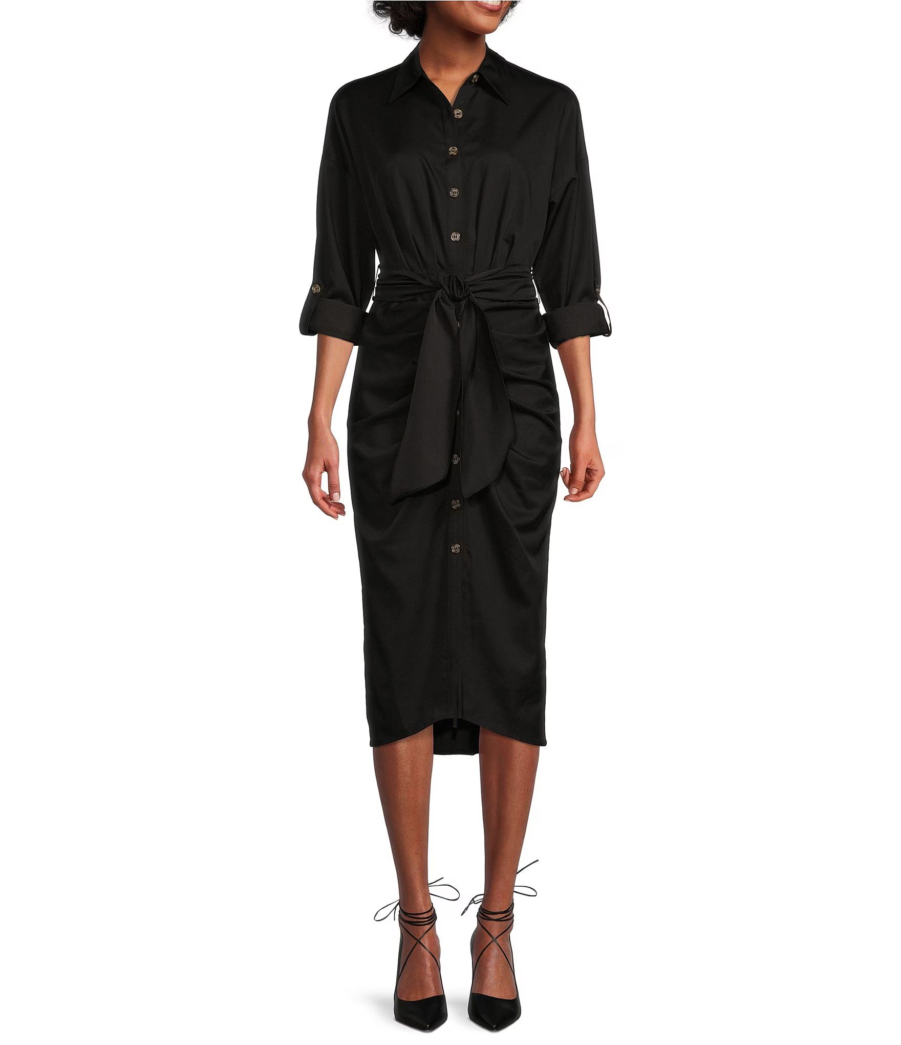 Roxanne Point Collar Long Sleeve Ruched Tie Waist Button Front Shirt Dress | Dillard's