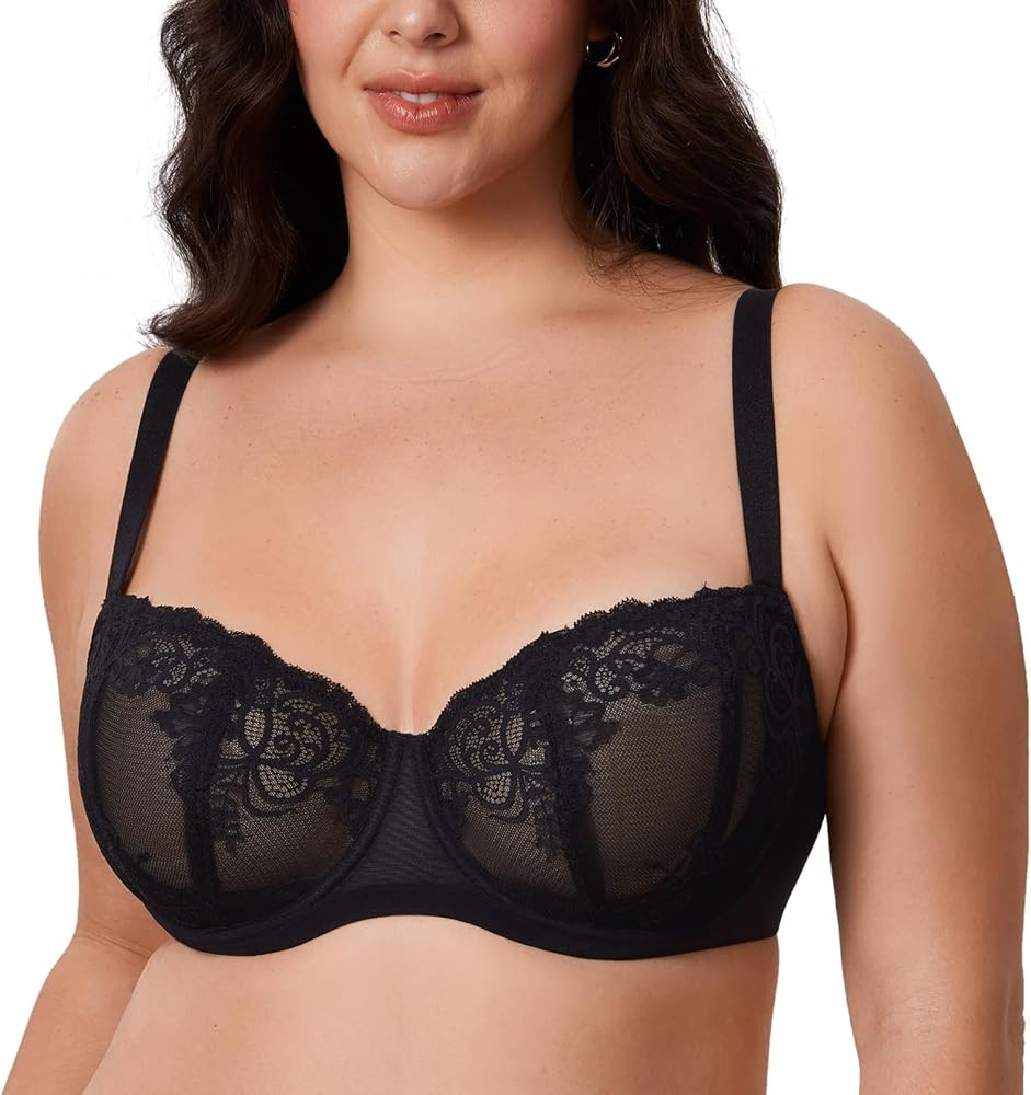 DELIMIRA Women's Balconette Lace Bra Plus Size Sexy See Through Unlined Underwire Bras | Amazon (US)