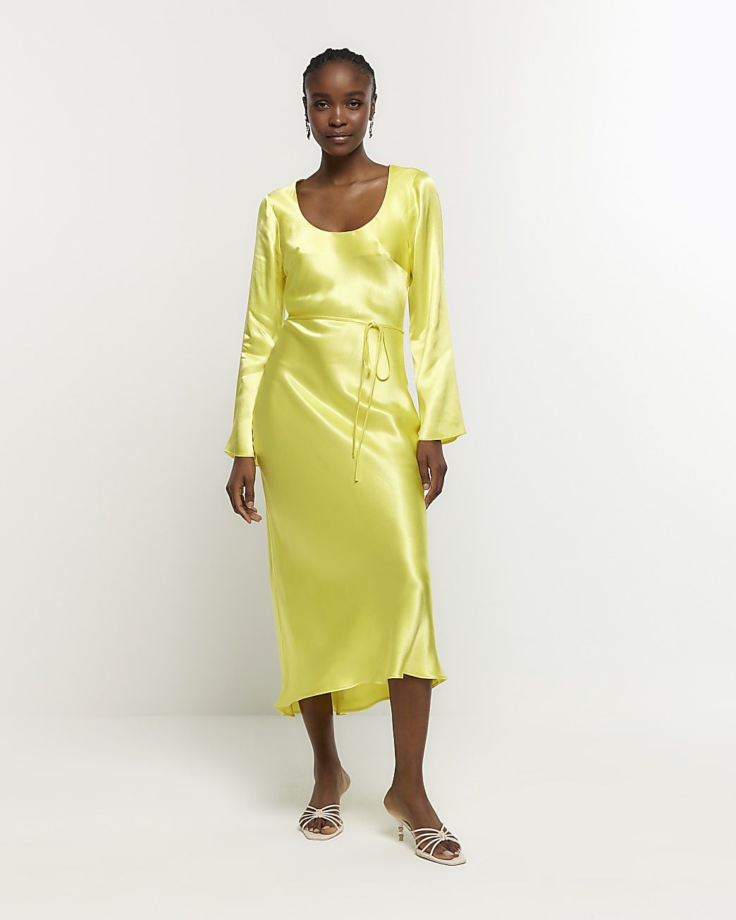 Yellow satin belted slip midi dress | River Island (UK & IE)