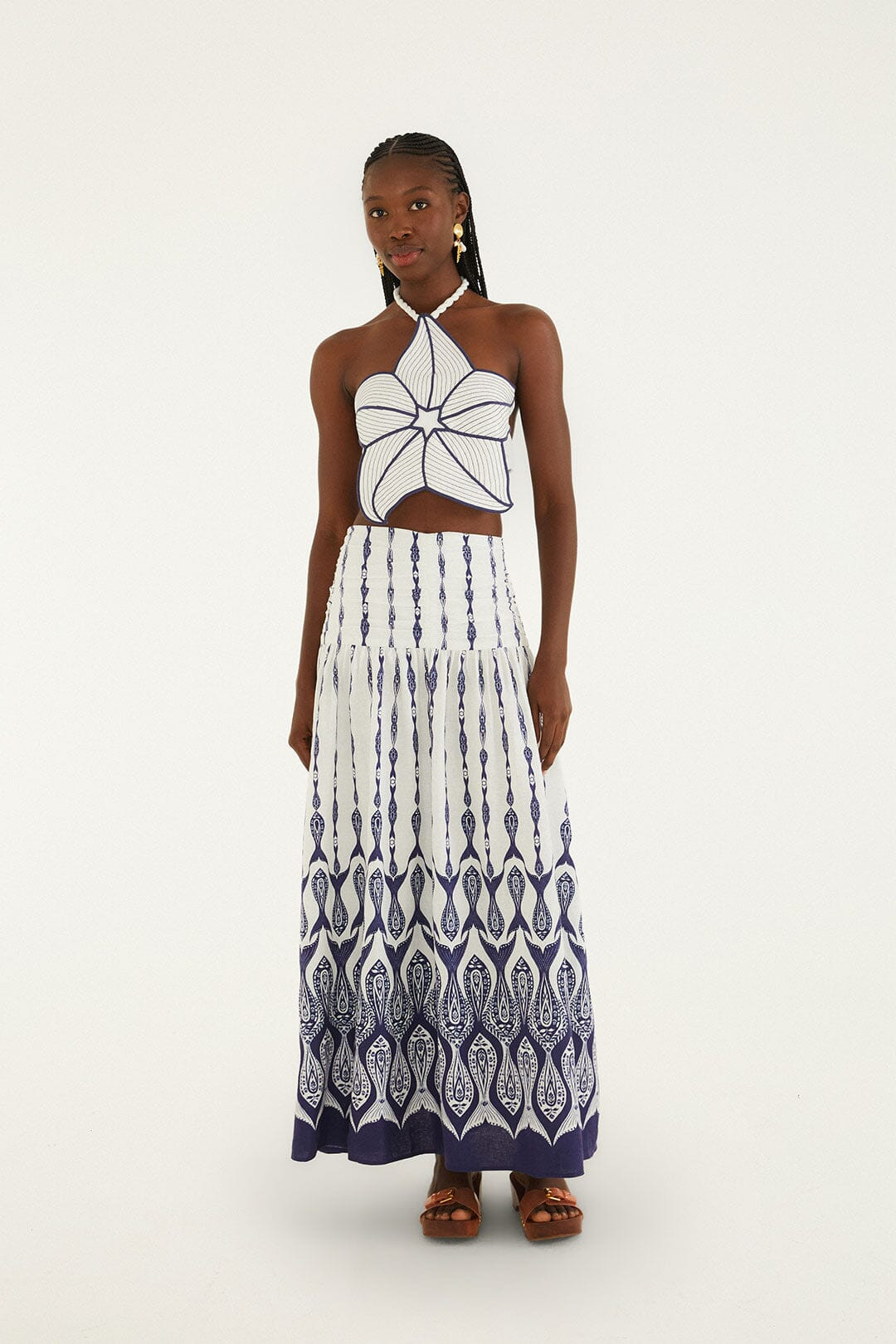 Off-White Fishes Flow Lenzing Ecovero Euroflax Maxi Skirt | FARM Rio | FarmRio (US)