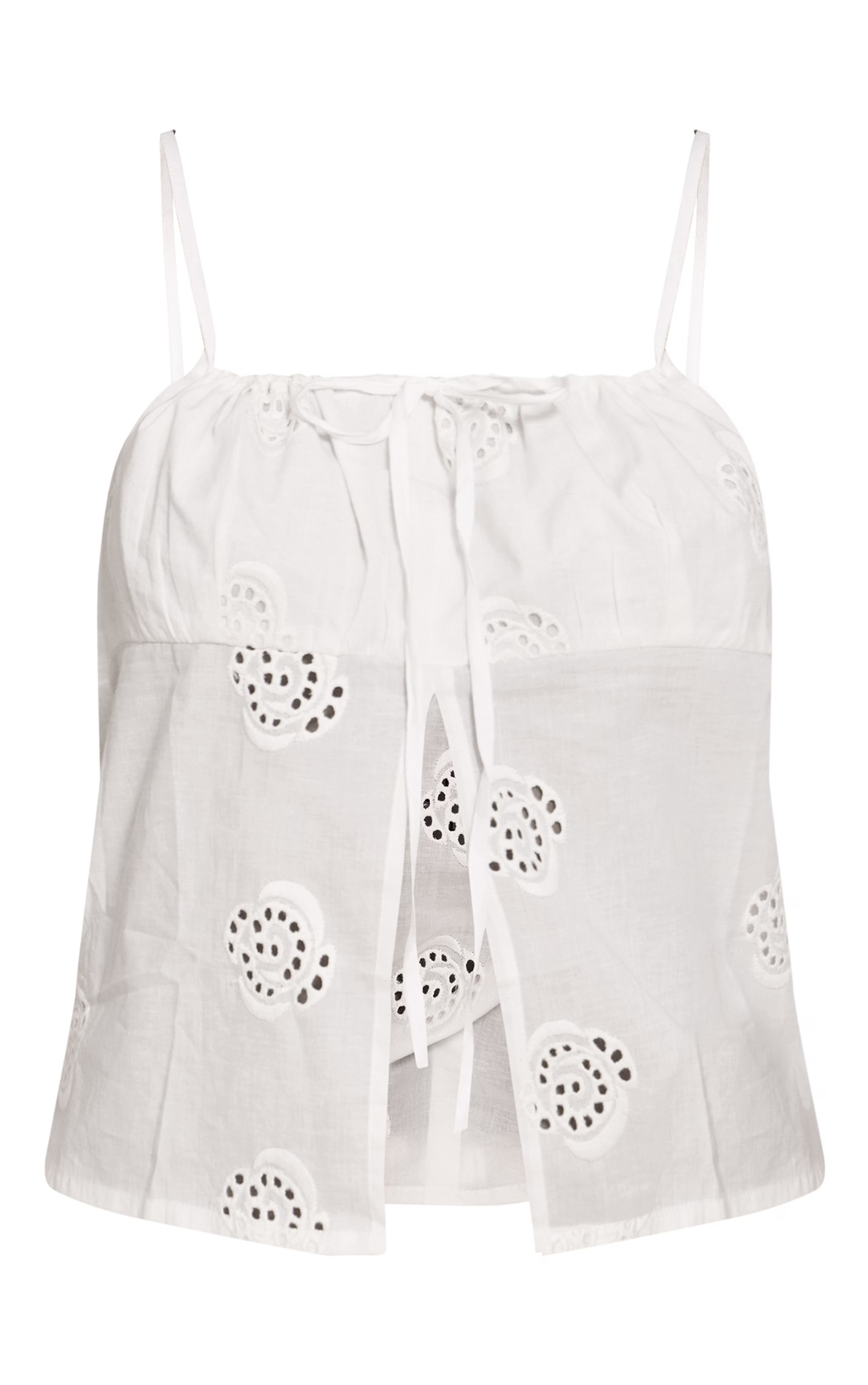 Petite White Linen Look Broderie Swirl Floaty Top | Petite | PrettyLittleThing UK
