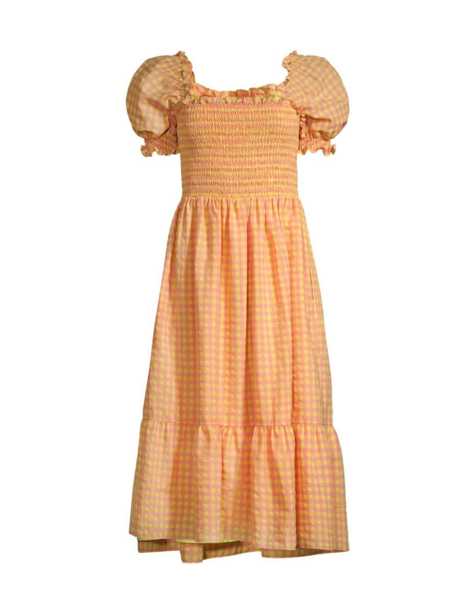 Shop Rachel Parcell Smocked Gingham-Printed Midi-Dress | Saks Fifth Avenue | Saks Fifth Avenue