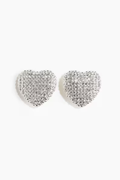H & M - Heart-Shaped Rhinestone Clip Earrings - Silver | H&M (US + CA)