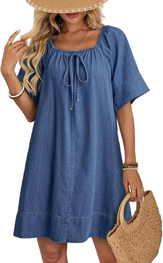 Dokotoo Women's Denim Dress Lightweight Flowy Tie Knot Cotton Jean Dress | Square Neck,Flare Slee... | Amazon (US)