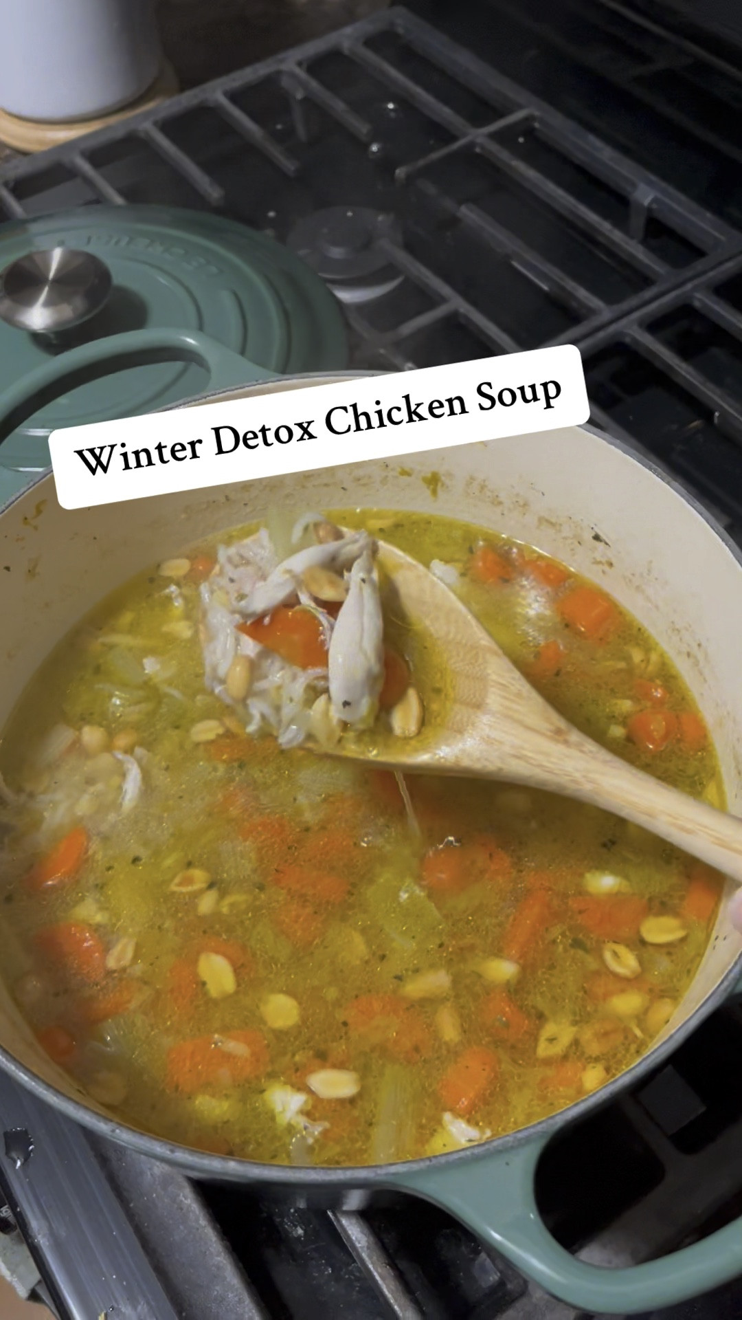 🥘 This Winter Detox Soup is my go-to January reset to get rid of post-holiday bloating and weight gain.

This soup is super easy to make and very comforting to eat. Here is what’s in it:

2 Ibs bone-in, skin-on chicken pieces like thighs or breasts
5 carrots
5 celery stalks
6 cloves of garlic
1 large nub of ginger
2 shallots
5 c. filtered water
1/2 c. Basmati rice, rinsed
3 T lime juice
1/2 c. peanuts (optional)
Salt and pepper

Chop vegetables and season chicken with salt and pepper. 

Saute vegetables in oil over med-high heat for about 3 minutes, stirring occasionally. Add chicken to the pot. Stir.

Add water and stir. Bring to boil. Turn down heat and simmer for 20-30 minutes. 

Once chicken is cooked through, remove it and add the dry rice to the soup.

Remove chicken from fat and bone once it is cool enough to touch. 

When rice is cooked, add the chicken back into the pot and add the peanuts, if desired. 

Stir in lime juice and taste for salt and pepper. Serve.
🍲🙋🏻‍♀️