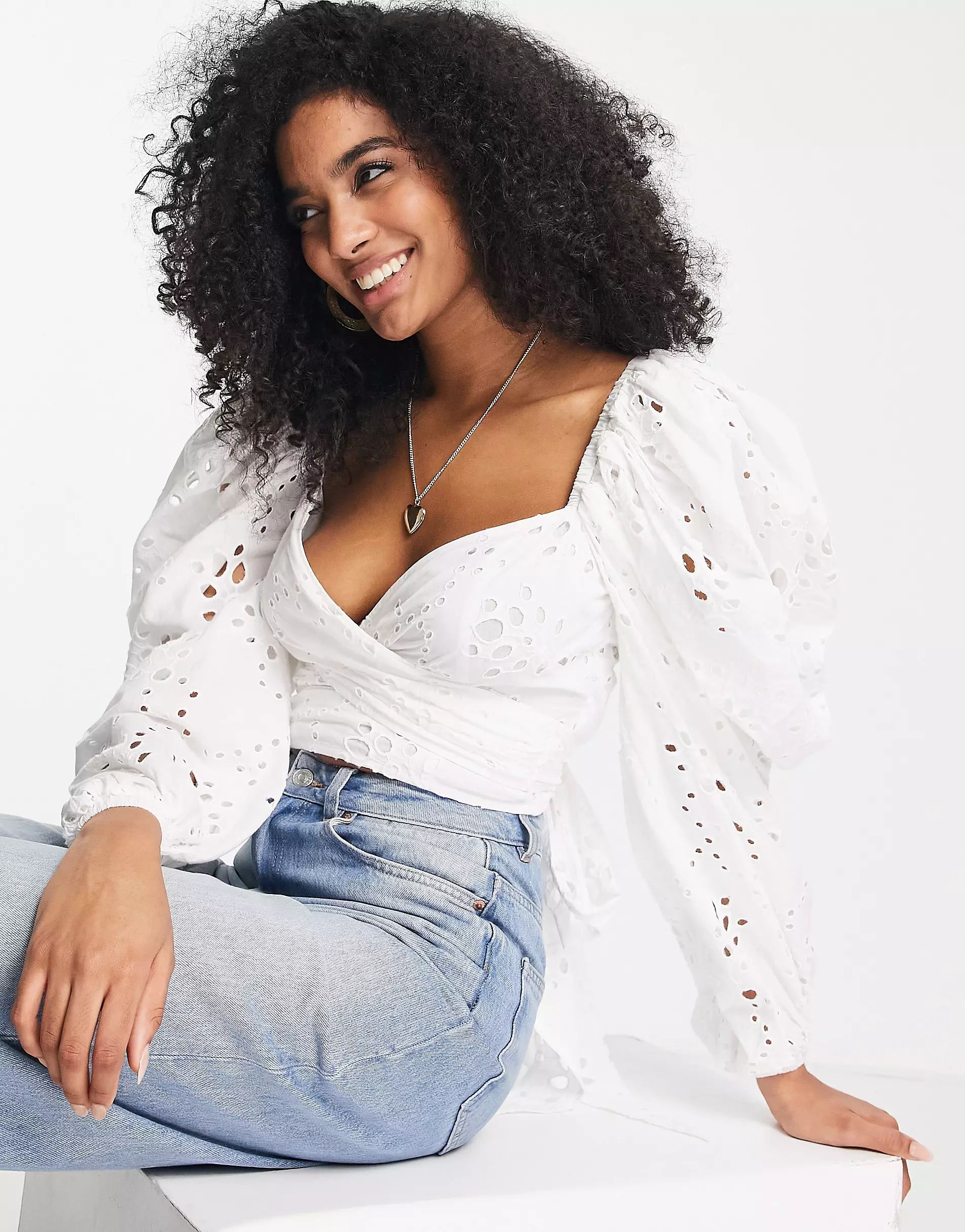 ASOS EDITION wrap front broderie crop top with tie back in white | ASOS | ASOS (Global)