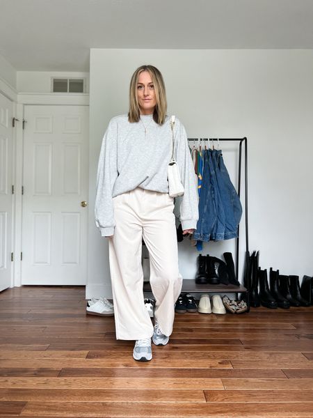 Spring outfit. Spring outfit idea. Oversized crewneck sweatshirt. Trouser pants. Dress pants. Cream trousers. Cropped pants. New balance shoes. Casual outfit idea. Casual outfit. Mom outfit.

#LTKSeasonal #LTKfindsunder50 #LTKfindsunder100