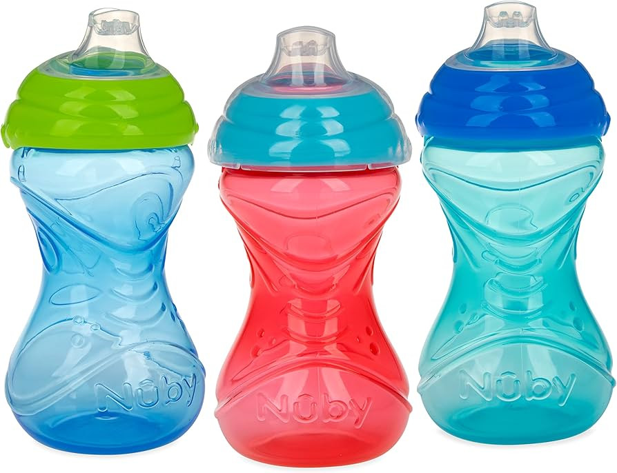 Nuby 3 Piece No-Spill Easy Grip Cup with Soft Flex Spout, Clik It Lock Feature, Boy, 10 Ounce (Pa... | Amazon (US)