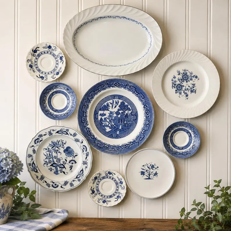 Vintage Blue White Plate Wall Set English Transferware Chinoiserie Cottage Wall Decor | Etsy (Global)