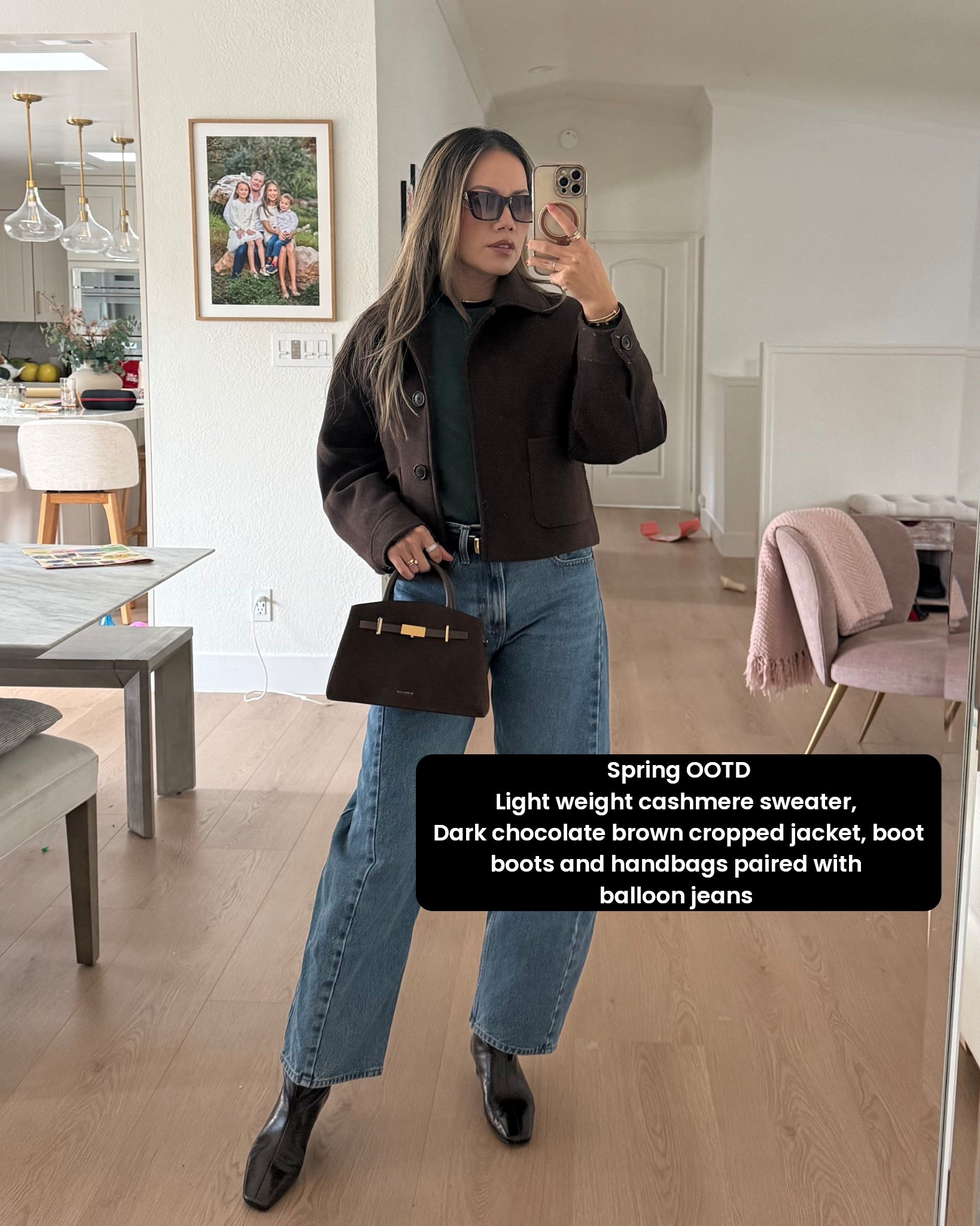 Spring OOTD. Spring layers. Olive green & Bitter Chocolate brown. Light-weight cashmere sweater, cropped wool jacket. Balloon jeans. Boots. And my new favorite handbag from Demellier. 

#LTKootd
