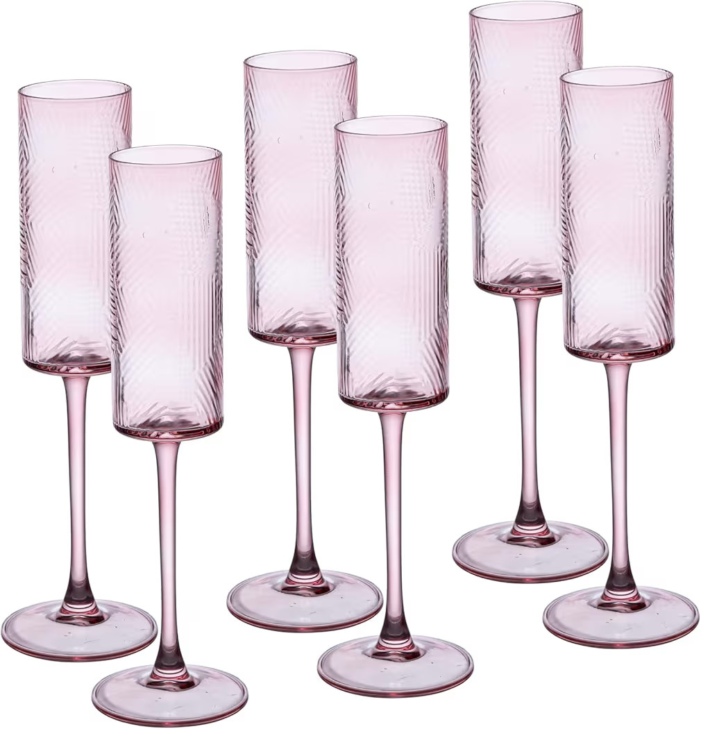 6 Pieces Pink Champagne Flutes,6 OZ Twill Pattern Striped Vintage Stem Glasses Stemware Wine Glas... | Amazon (US)