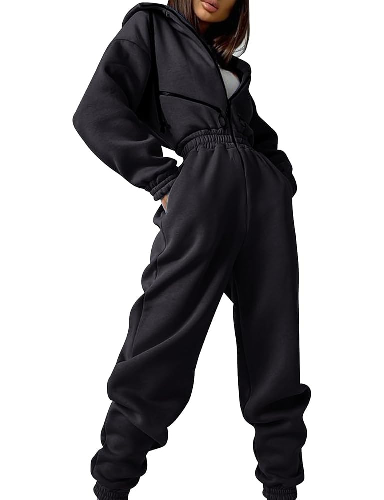 COZYPOIN Women Fleece Jumpsuits One Piece Outfits Hooded Sweatshirt Set High Waist Ladies Jumpsui... | Amazon (US)