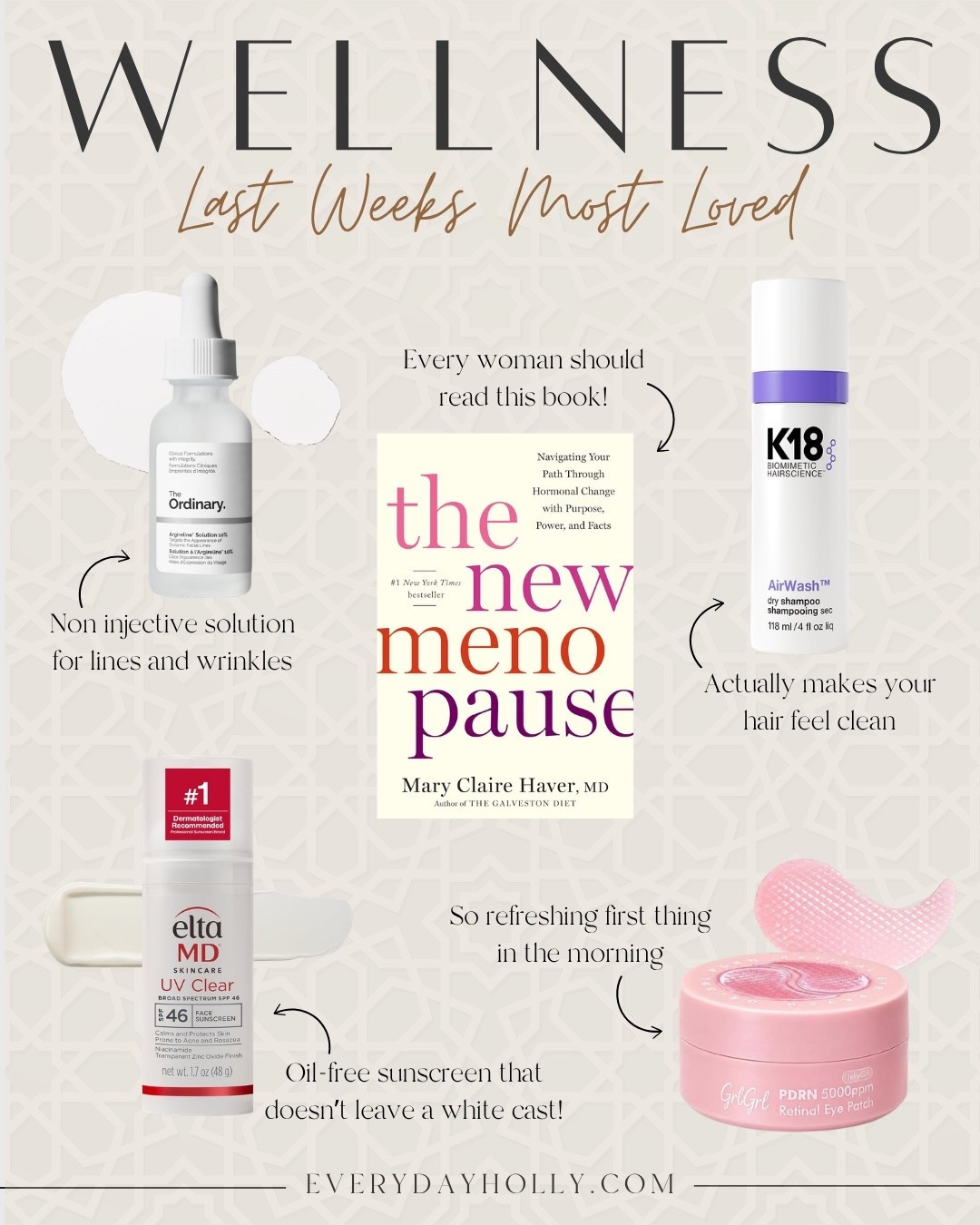 These are the wellness and beauty finds I’ve been reaching for on repeat lately. From skincare that helps smooth the look of fine lines to my favorite dry shampoo, under eye patches, and a sunscreen that never leaves a white cast, these are the products that have earned a permanent spot in my routine.

Beauty favorites, skincare must haves, wellness finds, dry shampoo, sunscreen for sensitive skin, under eye patches, fine line serum, menopause book, K18 AirWash, EltaMD UV Clear, The Ordinary Argireline, anti aging skincare, EverydayHolly

#LTKBeauty #LTKOver40 #LTKPetite