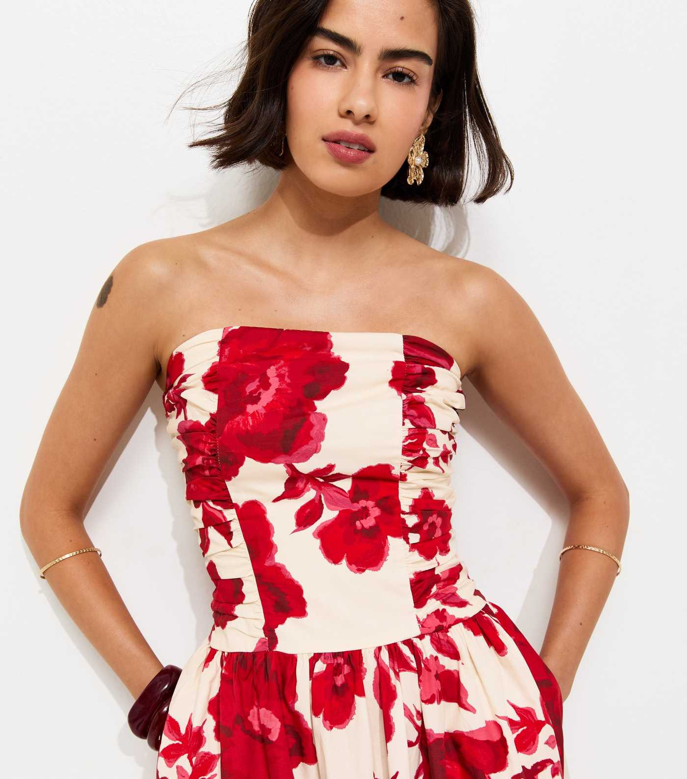Pink Floral Print Ruched Bandeau Midi Dress | New Look | New Look (UK)
