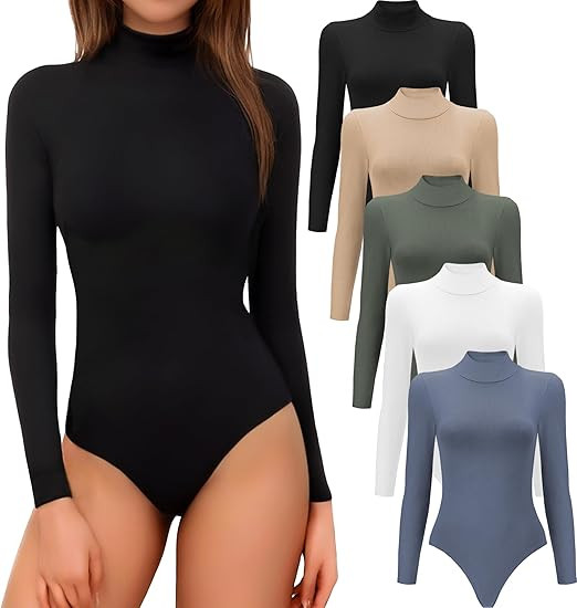 MLYENX 5 Pack Long Sleeve Body Suits Womens Mock Turtleneck Casual Basic Stretchy Body Suits Tops | Amazon (US)