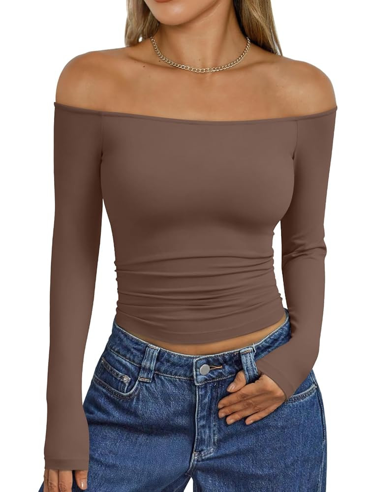 Trendy Queen Womens Long Sleeve Off The Shoulder Tops Going Out Cute Basic Y2K Fall Fashion 2025 ... | Amazon (US)