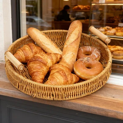 Handwoven Round Bread Basket With Wooden Handles, Dense And Scratch-Resistant PP Material For Fruits And Pastries, Easy To Clean And Mold-Resistant | Wayfair North America