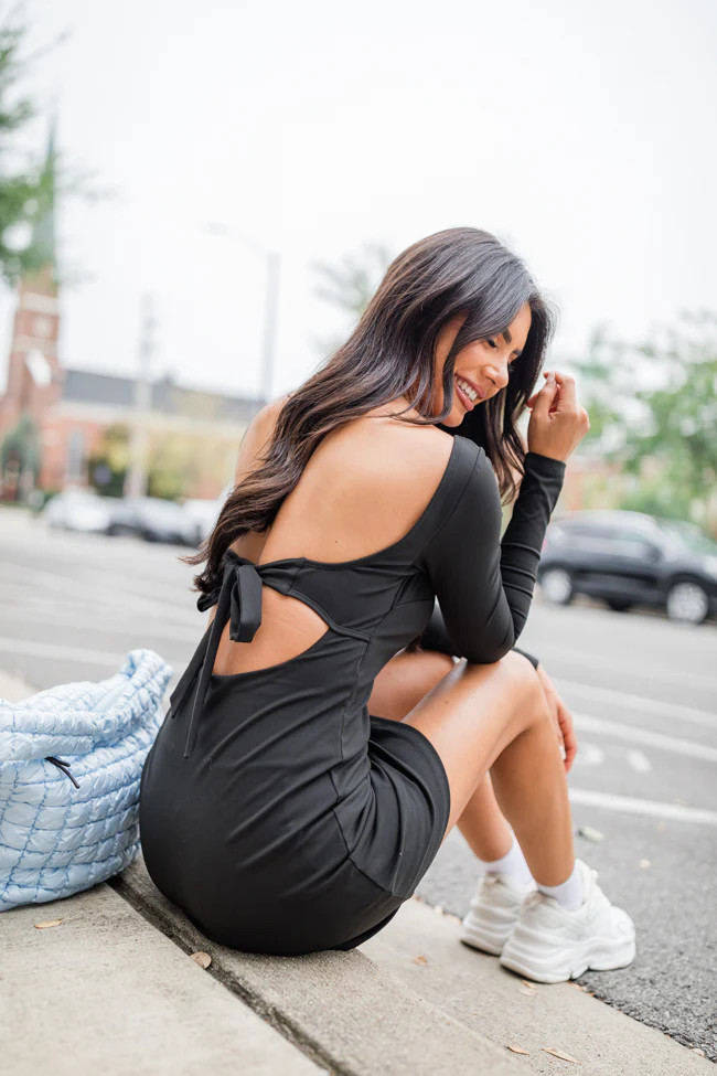 On The Rise Black Long Sleeve Open Back Active Dress | Pink Lily