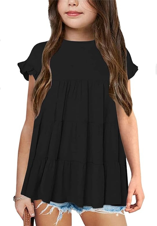 PAPOSON Girls Summer Tiered a Line T Shirts Casual Loose Swing Ruffle Trim Babydoll Tops 6-14 Years | Amazon (US)