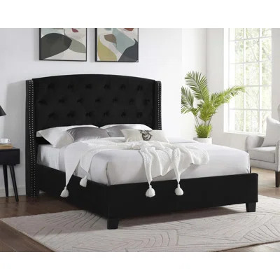1Pc King Size Upholstered Panel Bed Wing Back Headboard Button Tufted Nail Head Trim Black Wood Fabric Bedroom Furniture | Wayfair North America