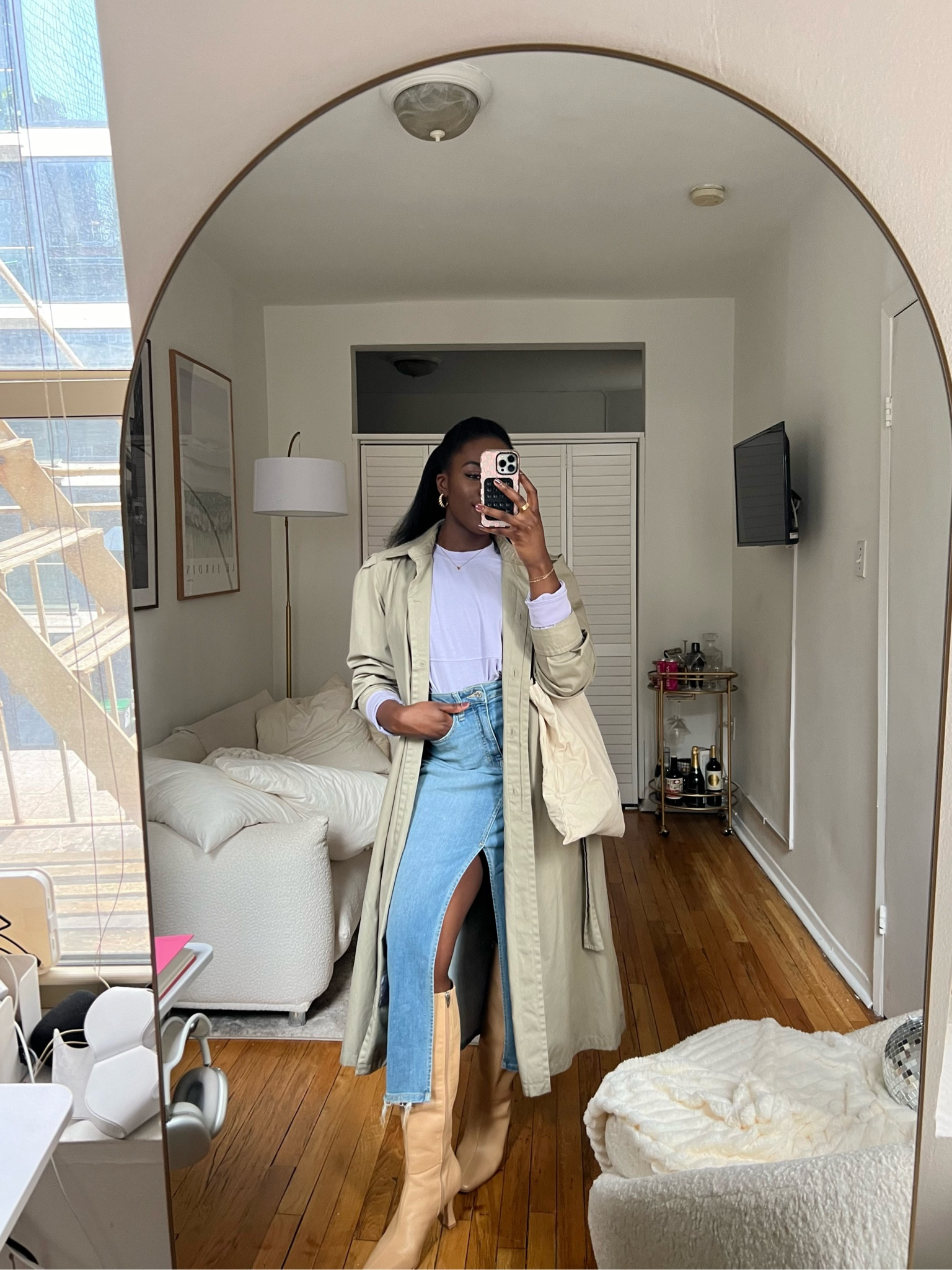 Casual outfit, everyday outfit, denim skirt, knee high boots, trench coat, spirit jersey, tote bag, comfy outfit, spring outfits 

#LTKSpringSale #LTKfindsunder100 #LTKsalealert