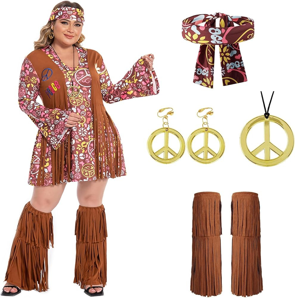 Fairycece Plus Size Hippie Costume Women 60s 70s Disco Outfits Halloween Party Dress Set | Amazon (US)