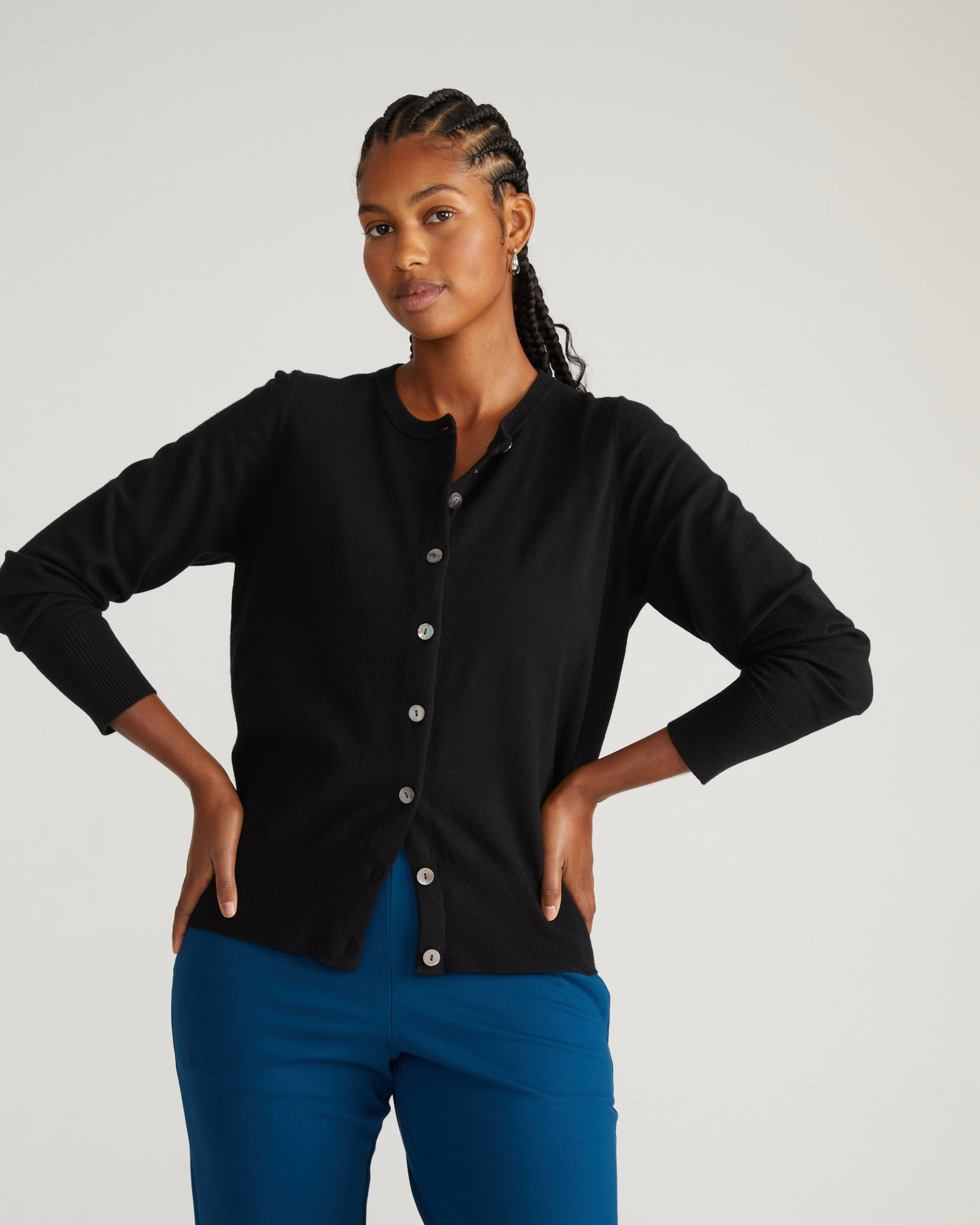 Savvy Fine Knit Crewneck Cardigan - Black | Universal Standard