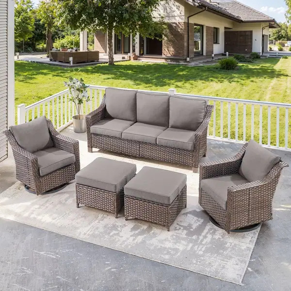 Pocassy All-Weather Rattan Patio Funiture Set - Brown Wicker / Grey Cushion - 5-Piece Sofa Swivel... | Bed Bath & Beyond
