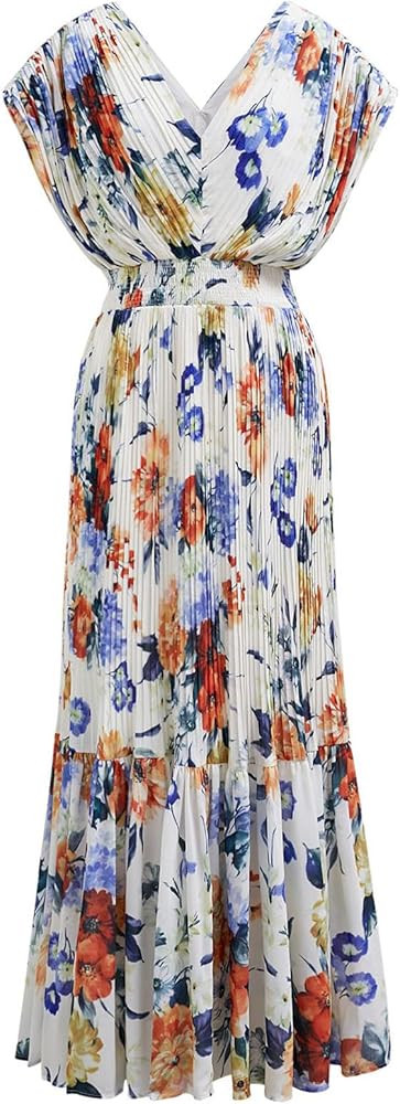 CHICWISH Women Floral Pleated Chiffon Maxi Dress V Neck Short Sleeve Elastic Waisted Flowy Summer... | Amazon (US)