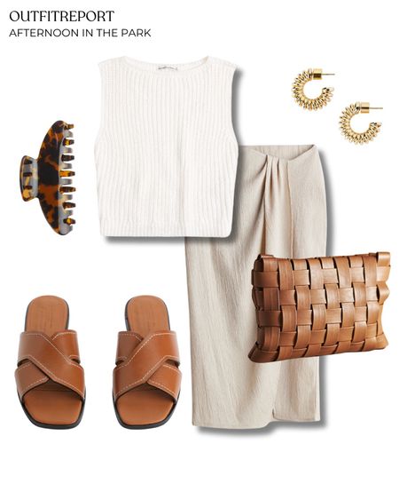 Beige neutral midi skirt white knit top brown sandals brown handbag hair clip and gold earrings summer outfit 

#LTKbag #LTKstyletip #LTKshoes