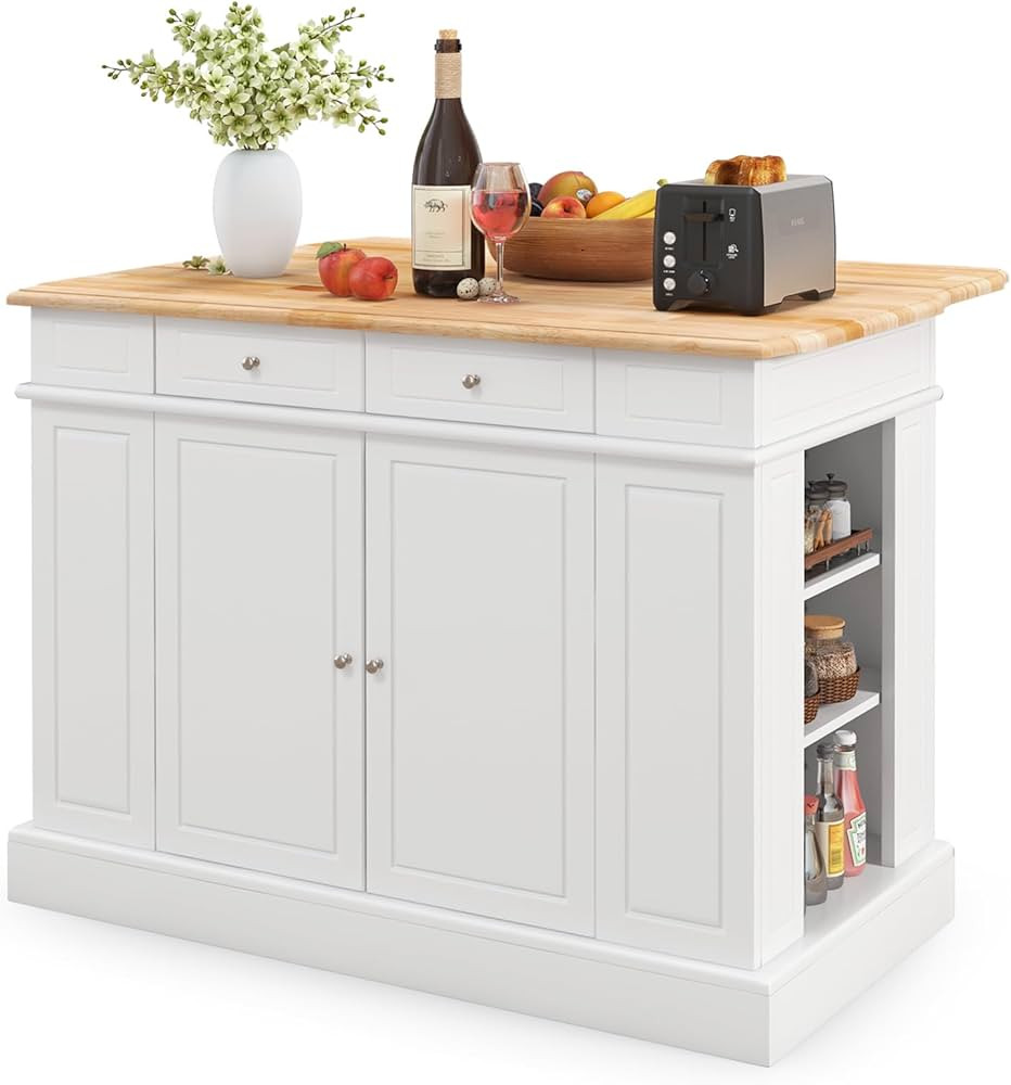 DORTALA Kitchen Island with Drop Leaf, Kitchen Island Table with Rubber Wood Countertop, 2 Drawer... | Amazon (CA)