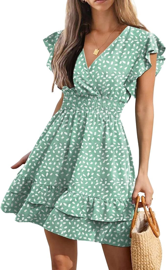 Faculol Women's Allover Speckled Print Cap Sleeve V Neck Smocked Waist Tiered Ruffle Hem A Line F... | Amazon (US)