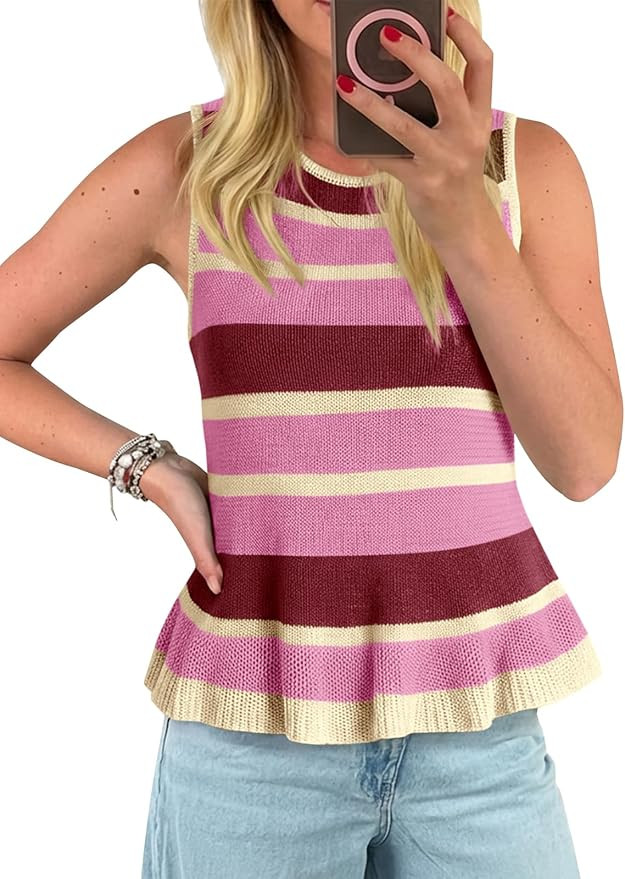 Cicy Bell Womens Striped Sweater Vest Summer Casual Sleeveless Ruffle Knit Tank Tops Crew Neck Li... | Amazon (US)