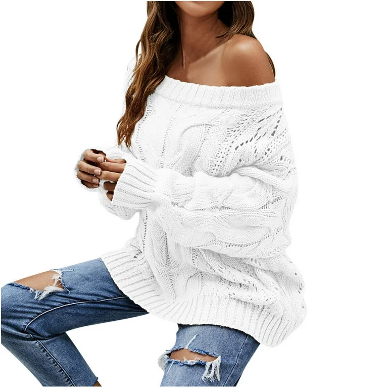 PiGOGI Women's Loose Neck Knitted Pullover Top Long Sleeve Casual Versatile Sweater White XL | Walmart (US)